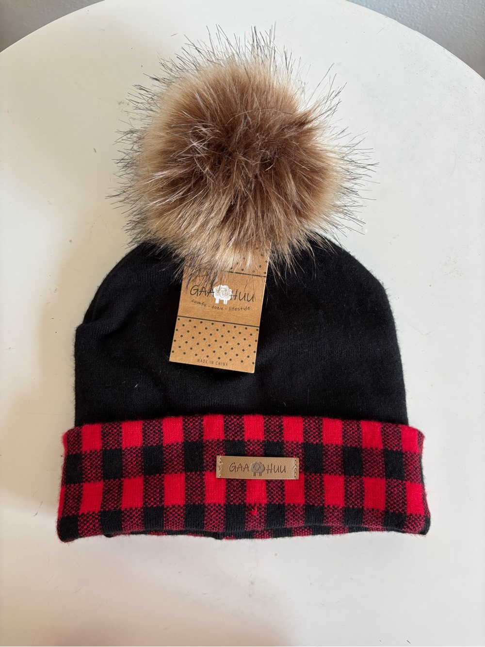 NWT Black Beanie with Red Buffalo Plaid Cuff and Faux Fur Pom